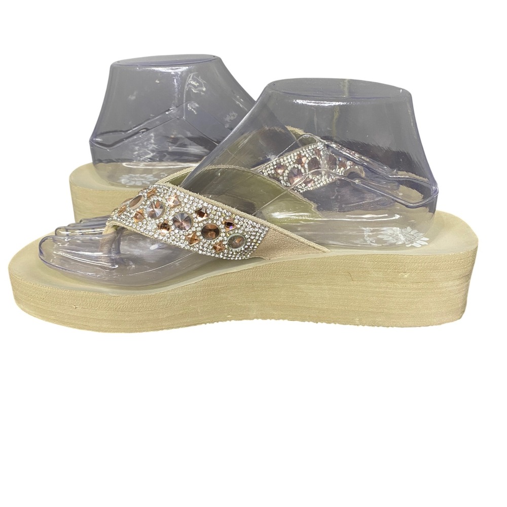 Yellow Box Tan Rhinestone Gem Embellished Wedge Platform Flip Flops Women Size 9 - Picture 3 of 12